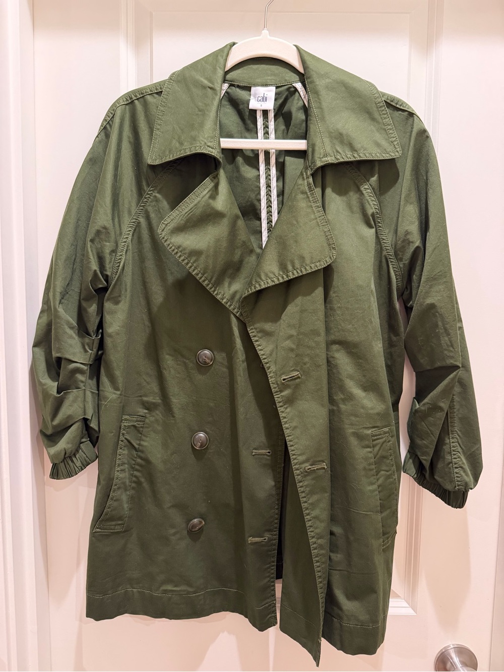 CAbi Olive Utility Double-Breasted Trench Jacket